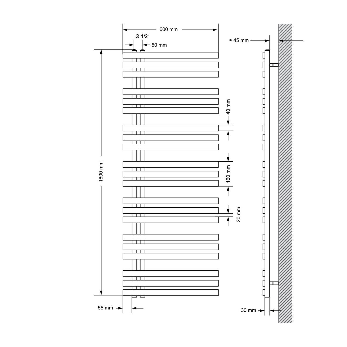 BADHEIZKÖRPER elektrisch Iron EM 600x1600 mm Anthrazit mit Heizstab 1200W Digital - Anthrazit, Metall (60/160/3cm) - LuxeBath