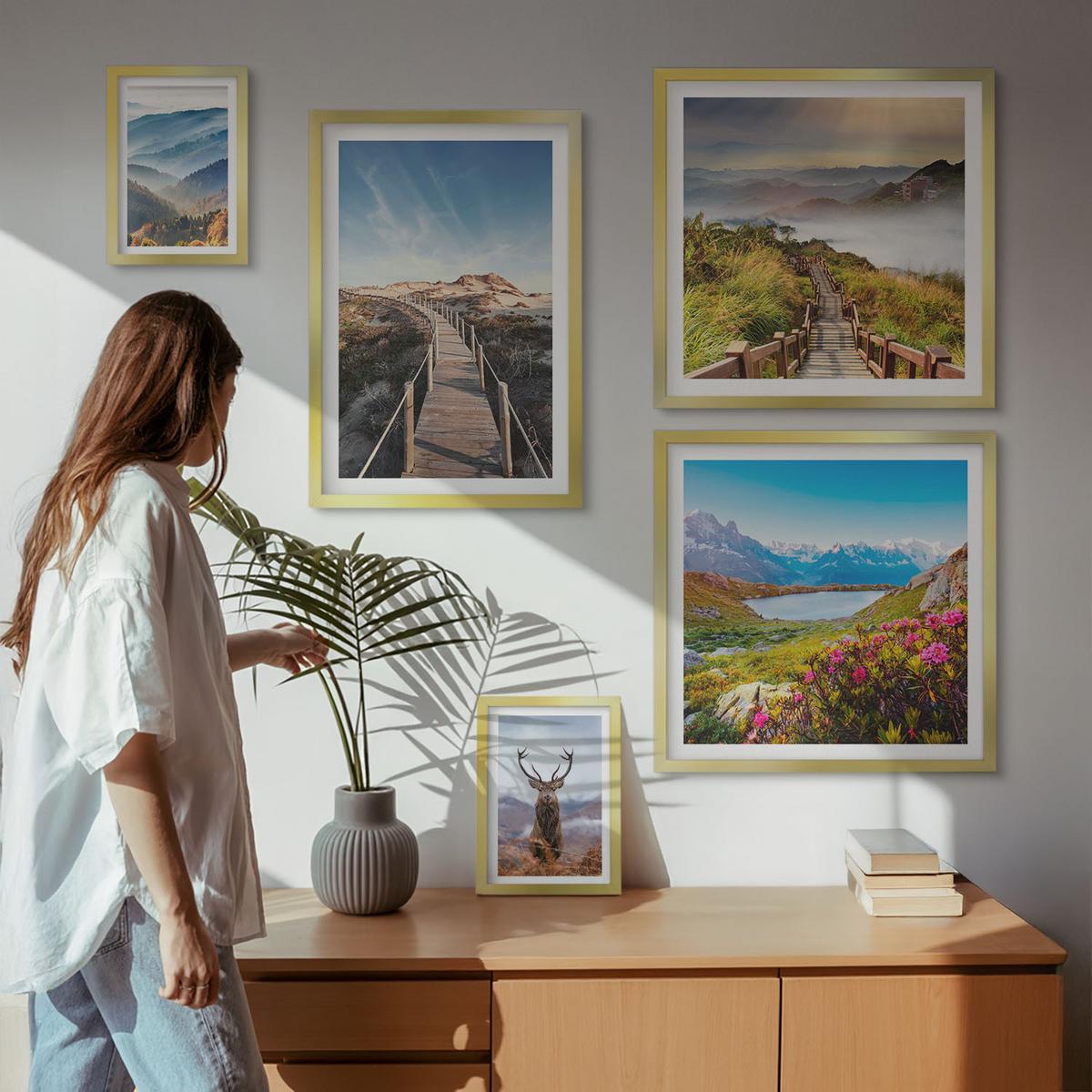 BILDER SET 5er Set - 50x50 cm & 20x30 cm & 40x60 cm Goldrahmen - Berglandschaft, See, Hirsche - Goldfarben, Kunststoff (40/60cm) - TULUP