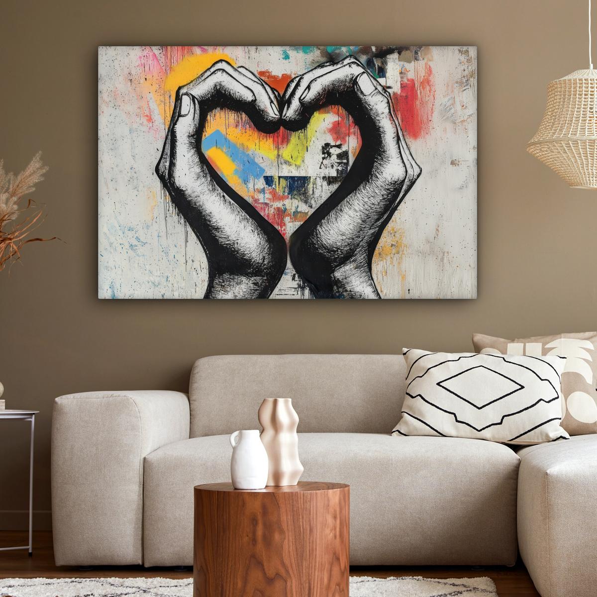 LEINWANDBILD Hände - Herz - Straßenkunst - Graffiti Wohnzimmer Groß 120x80 cm - Multicolor, Textil (120/80cm) - MuchoWow