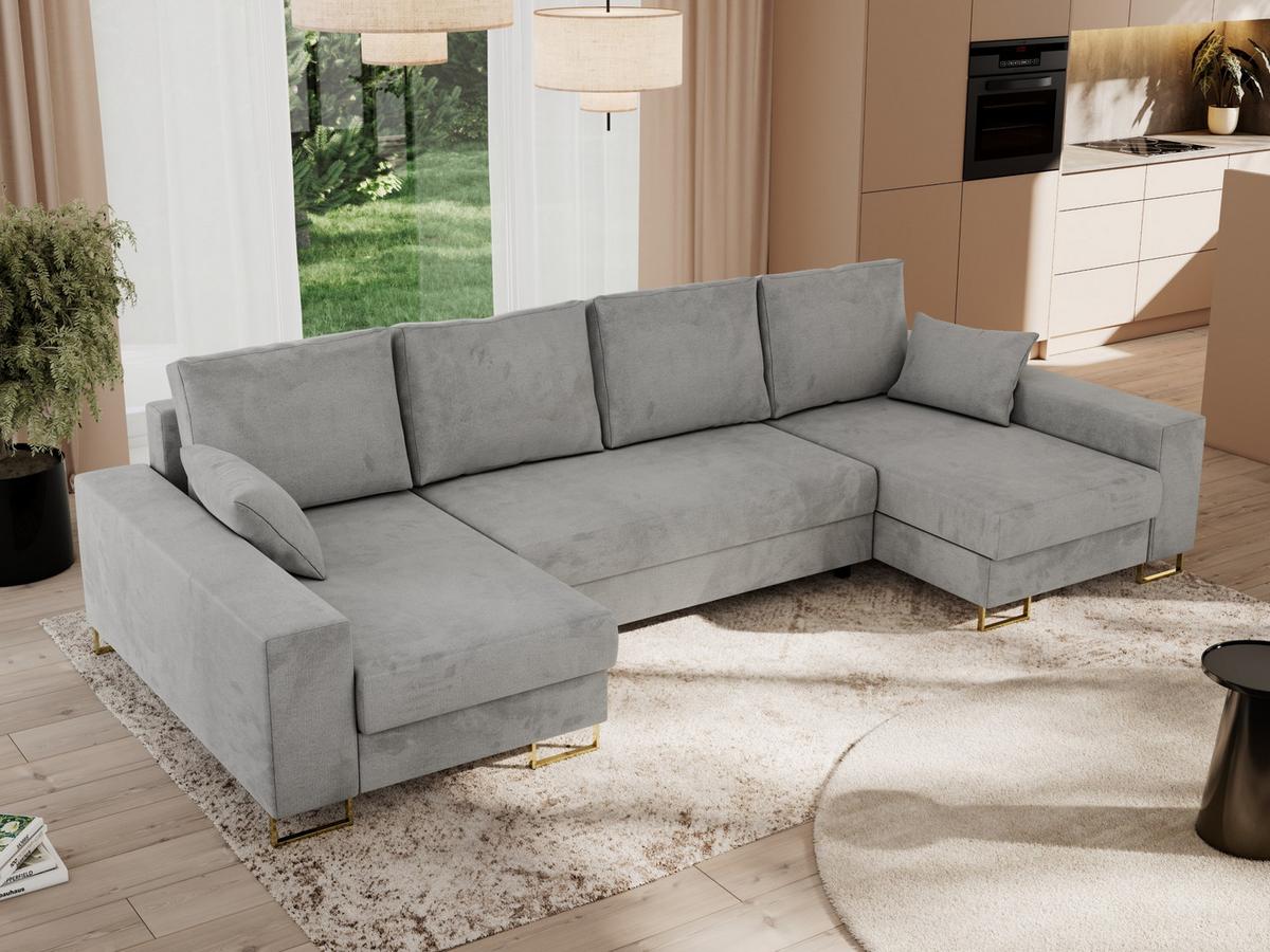 WOHNLANDSCHAFT DORIAN U Velvet Hellgrau - Goldfarben/Hellgrau, Textil/Metall (312/85/138cm) - MKS