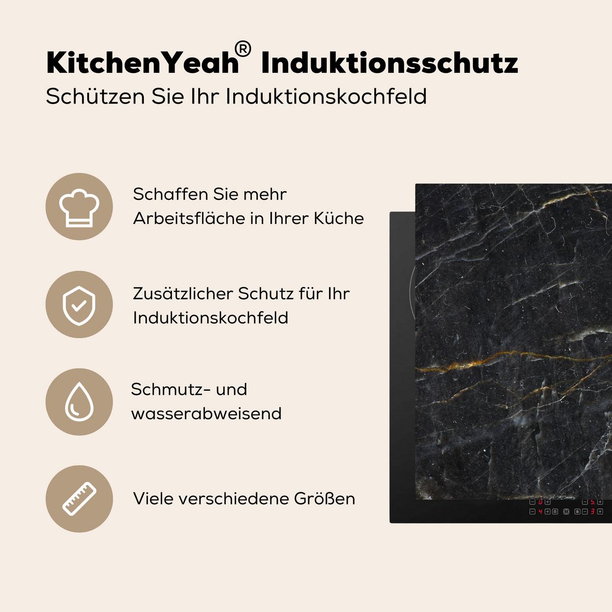 HERDABDECKPLATTE Marmor - Schwarz - Gold - Grau - Marmorstruktur Ceranfeldabdeckung 78x52 cm - Goldfarben, Kunststoff (78/52/0.2cm) - MuchoWow