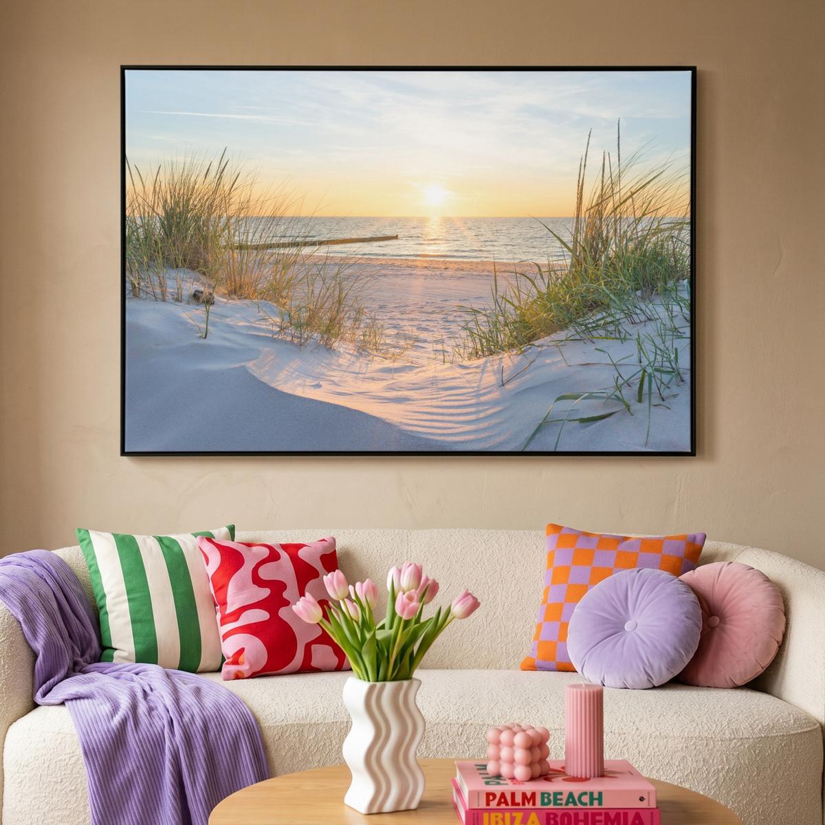 LEINWAND Bilder mit Rahmen - Strand - Sonne - Düne - Gras - Sand - Horizont - 140x90 - Hellblau, Textil (140/90cm) - MuchoWow
