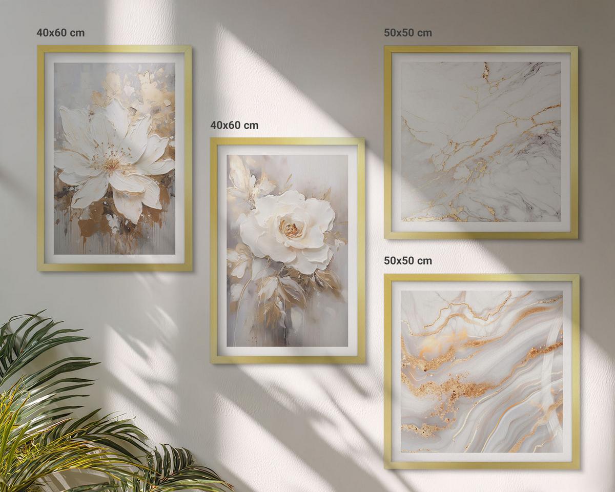 BILDER SET 4er Set - 50x50 cm & 40x60 cm Goldrahmen - Blumen, heller Hintergrund, Marmormuster - Goldfarben, Kunststoff (50/50cm) - TULUP