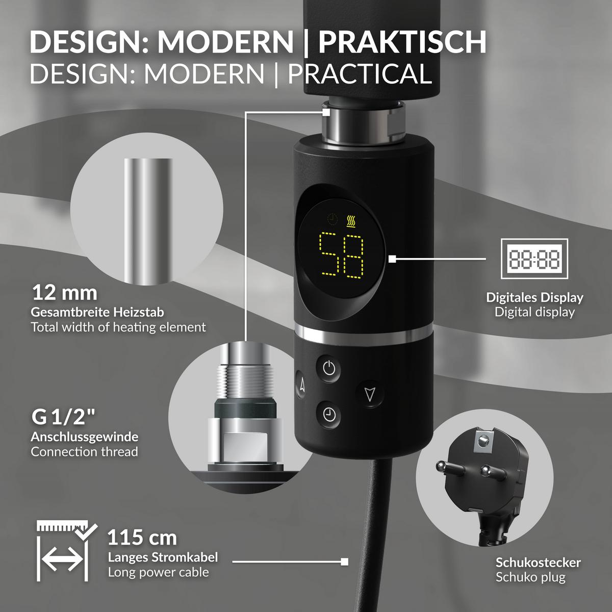 HEIZSTAB 300W Schwarz für Badheizkörper mit Thermostat und Digitalanzeige - Chromfarben, Metall - LuxeBath