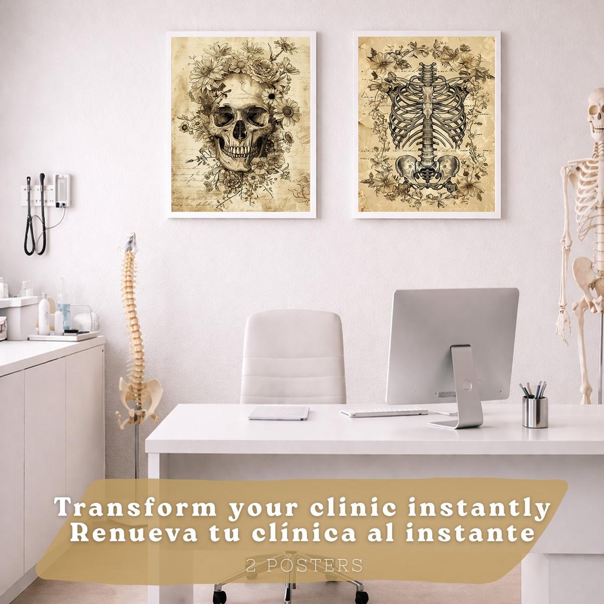 POSTER Set aus 2 Anatomie Mensch Drucke und Wandbilder mit Schädel Wirbelsäule Rippen Becken Klassisches Vintage Design Größe Weißer Rahmen A4 - Weiß, Papier (21/29.7/3cm) - Nacnic