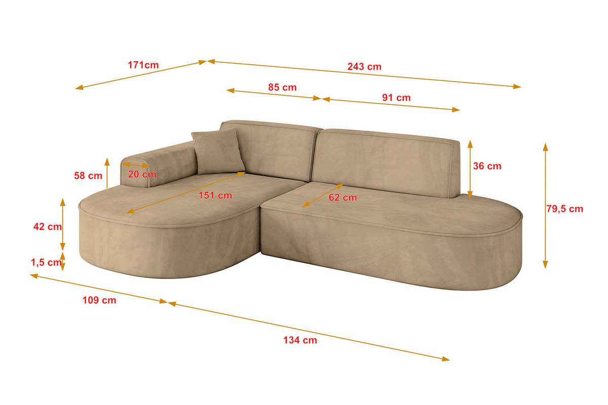 ECKSOFA Ottomane Links MARI-L1 - 243x171x79 cm Taupe Velours - Taupe/Schwarz, Holzwerkstoff/Kunststoff (243/171cm) - ALTDECOR