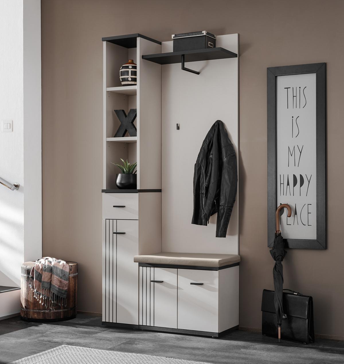 GARDEROBEN-SET 3-teilig Kaschmir, schwarz, Flurgarderobe 90 cm mit Stauraum - Kaschmir/Schwarz, Holzwerkstoff/Kunststoff (90/203/32cm) - Inn.Furn