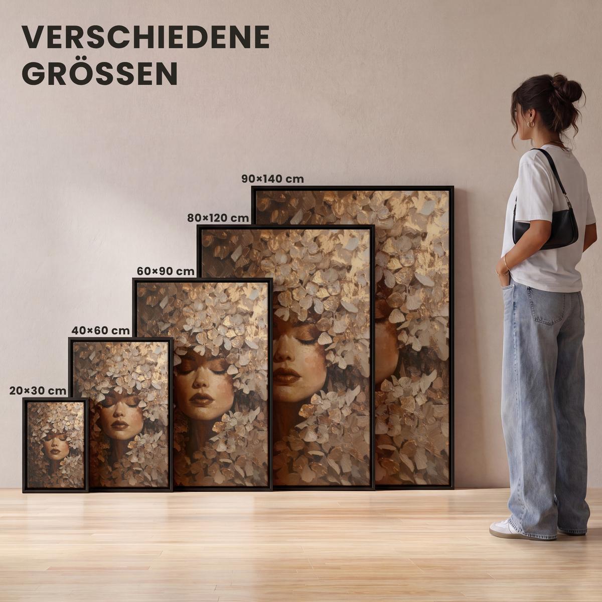 LEINWAND Bilder mit Rahmen - Gesicht - Dame - Blätter - Pinselstriche - 80x120 - Goldfarben, Textil (80/120cm) - MuchoWow