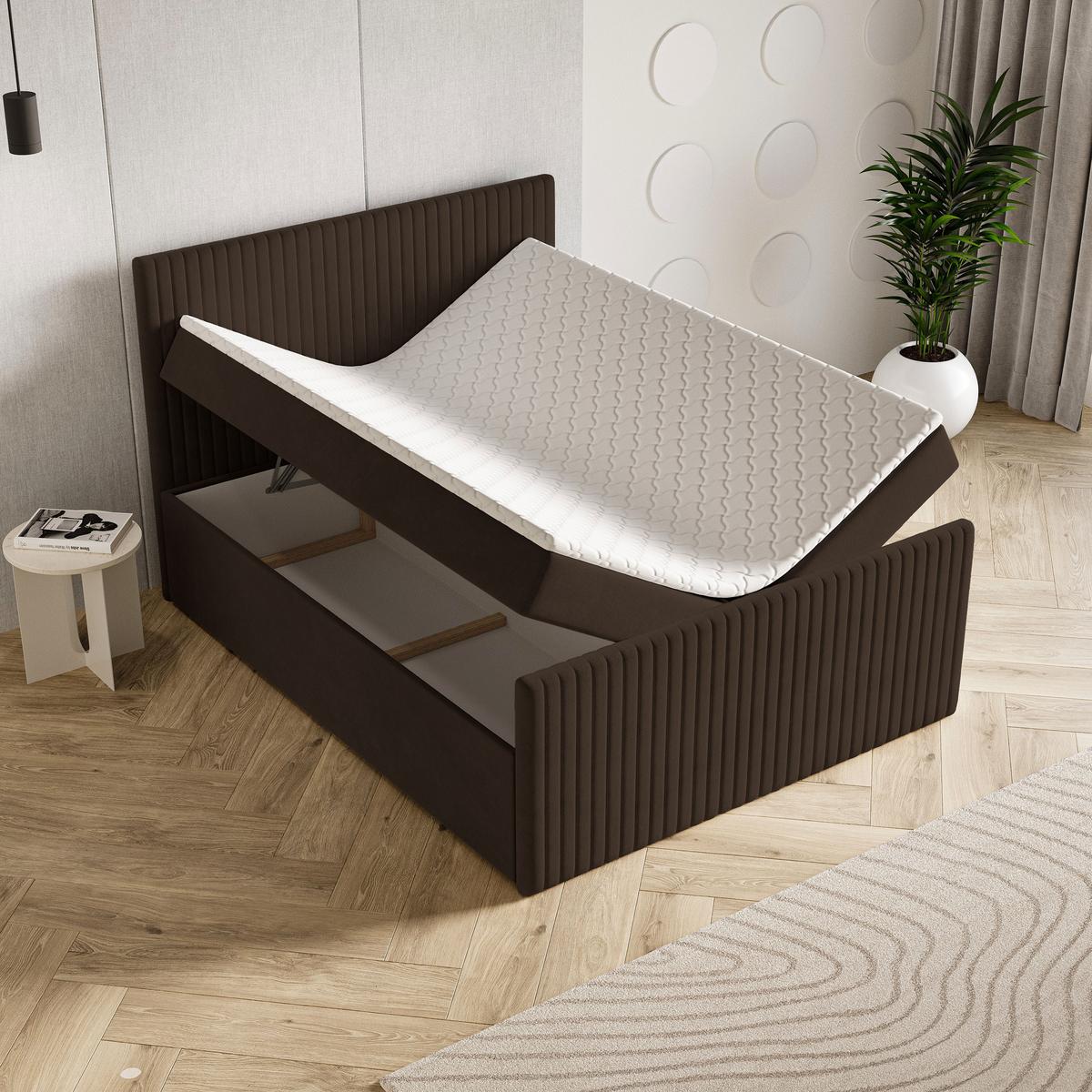 BOXBETT TERVAN 160x200 cm mit Matratze und Topper - Braun - Braun, Holz (160/200cm) - MASSENO