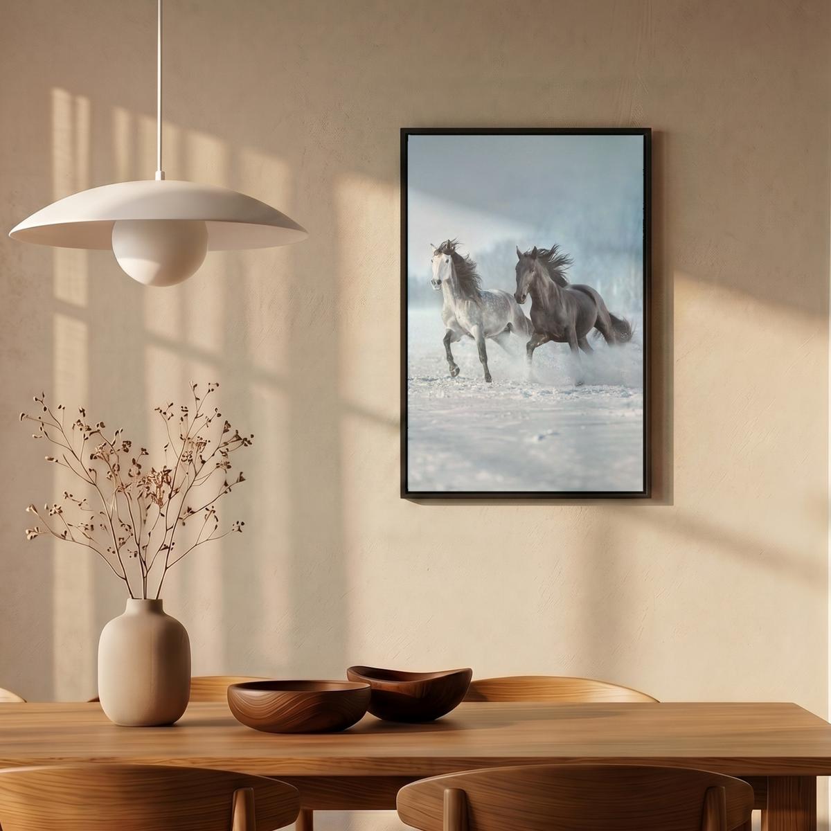 LEINWAND Bilder mit Rahmen - Pferde - Winter - Tiere - Natur - Schnee - 40x60 - Anthrazit, Textil (40/60cm) - MuchoWow