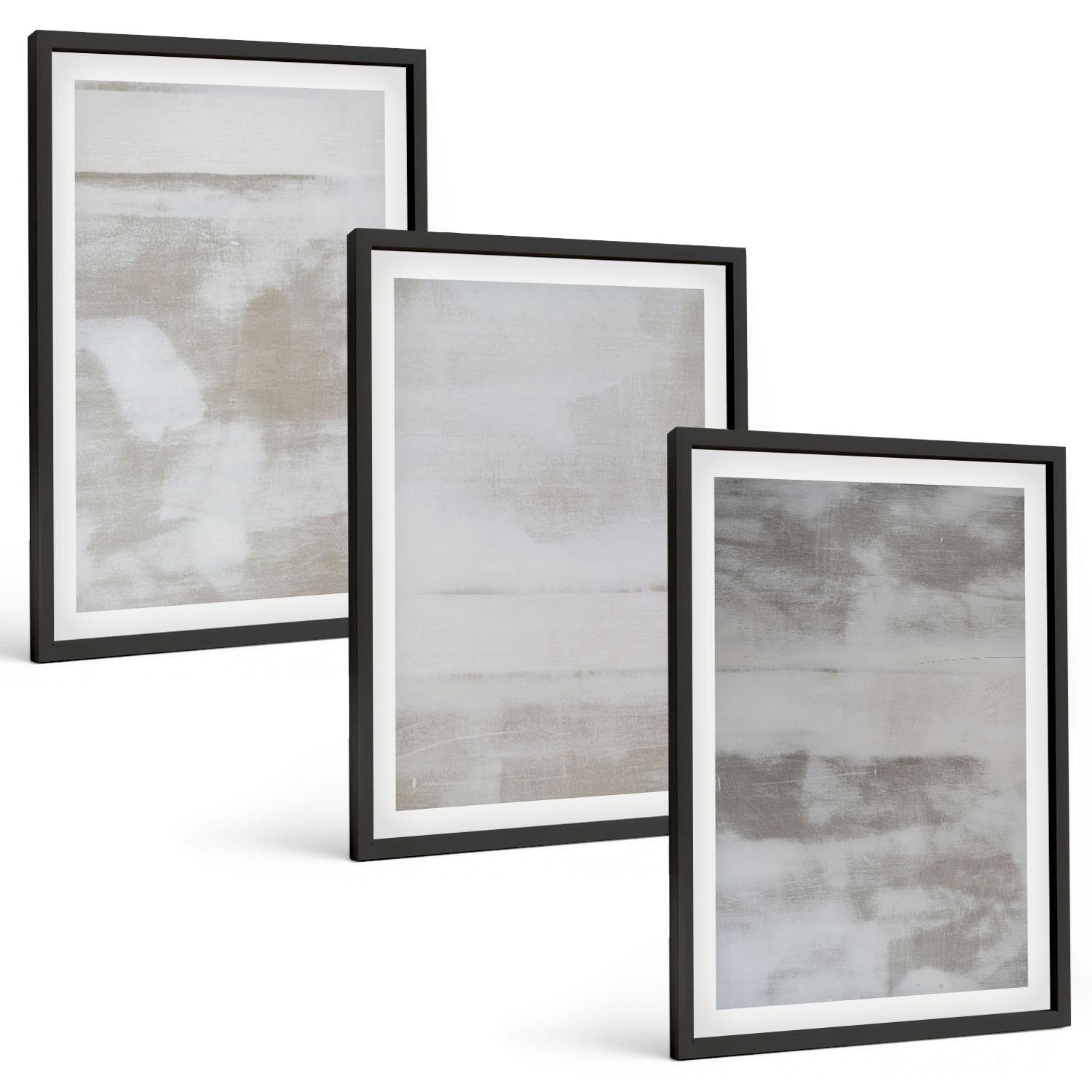 BILDER SET 3er Set - 40x60 cm Schwarzer Rahmen - Moderne, Used-Look-Texturen - Schwarz, Kunststoff (40/60cm) - TULUP