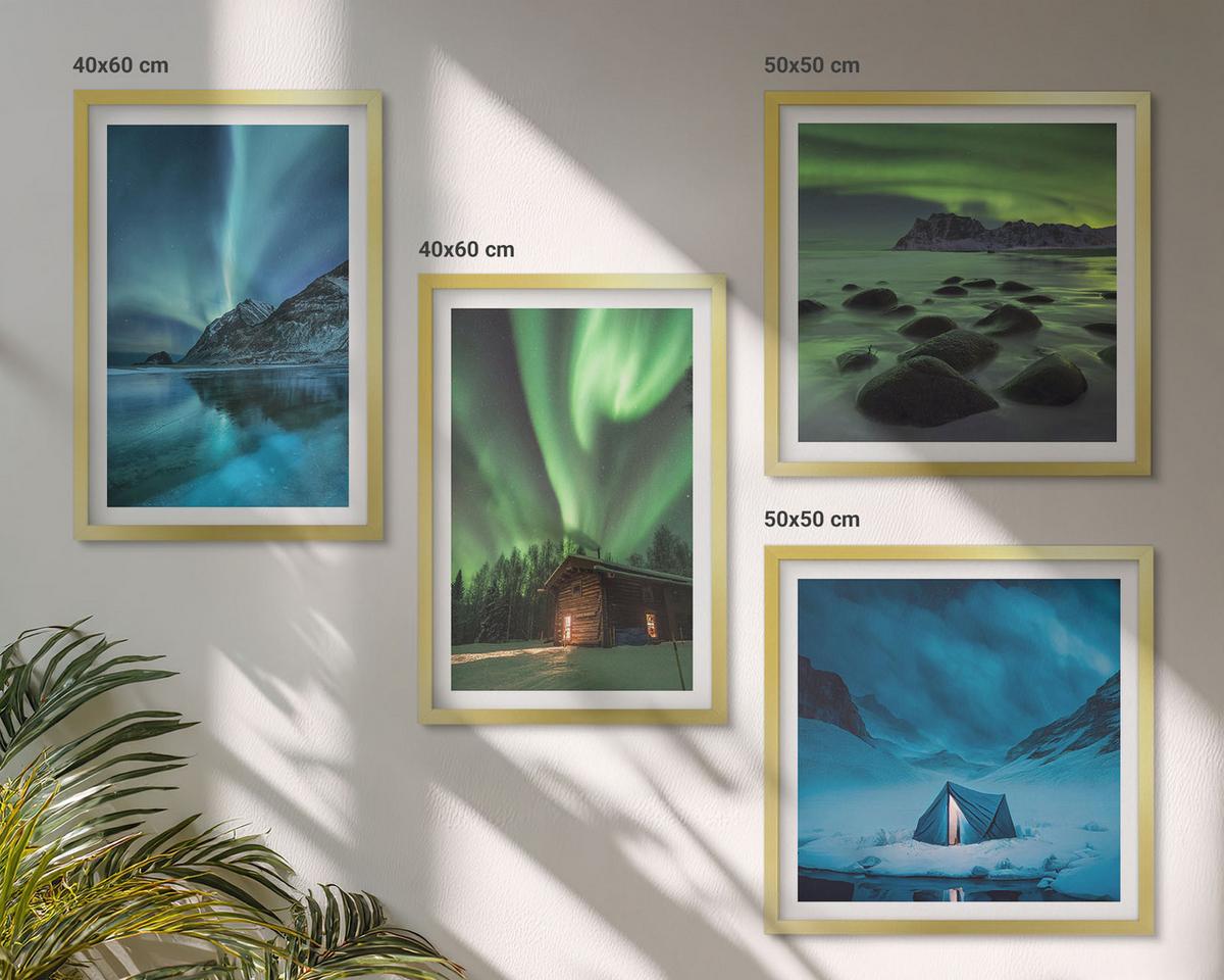 BILDER SET 4er Set - 50x50 cm & 40x60 cm Goldrahmen - Winterlandschaften, Nordlichter, Berge - Goldfarben, Kunststoff (50/50cm) - TULUP