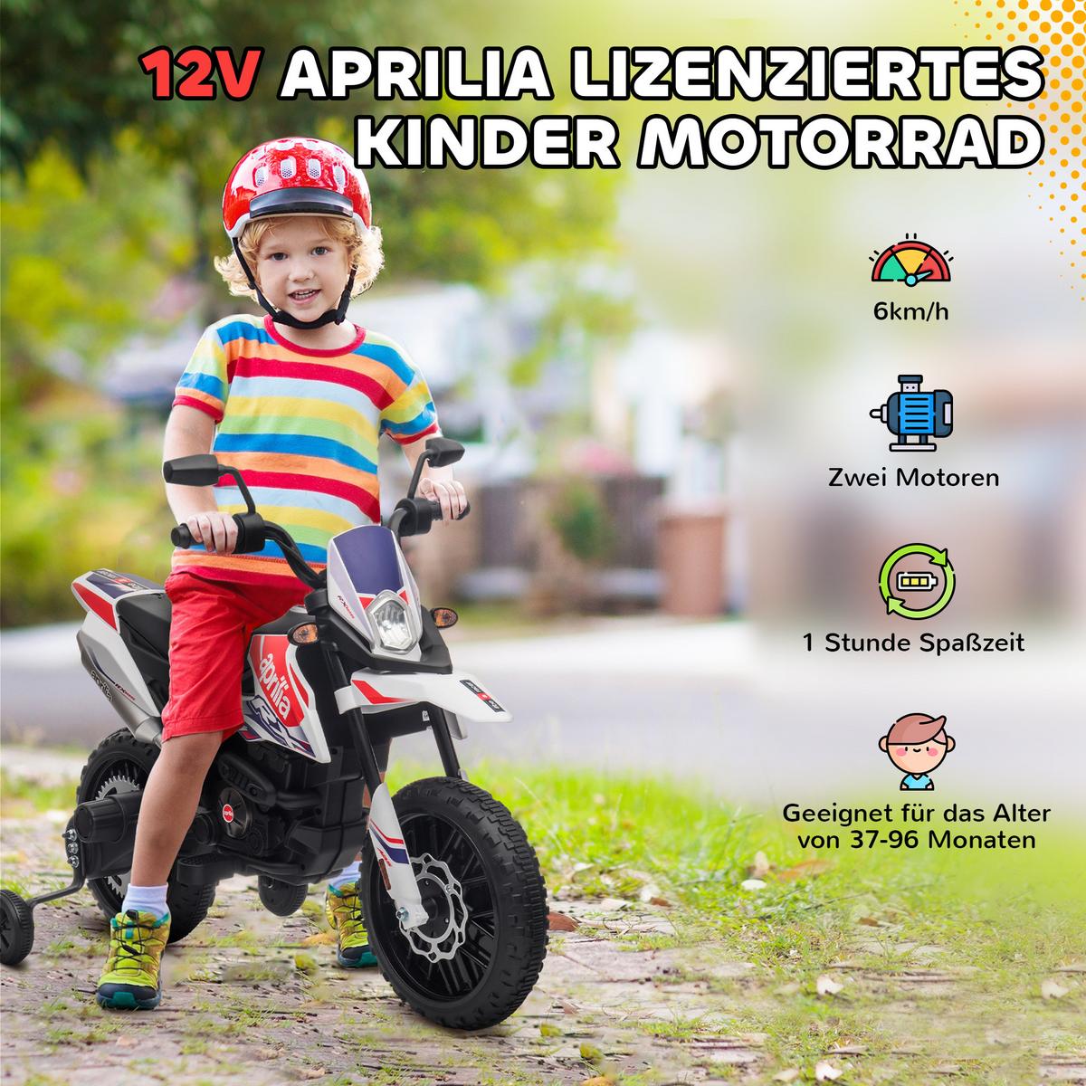 KINDER Elektro-Motorrad, 12V Kindermotorrad mit Musik, 6 km/h Kinderfahrzeug - Weiß, Metall (106.5/56/80cm) - AIYAPLAY