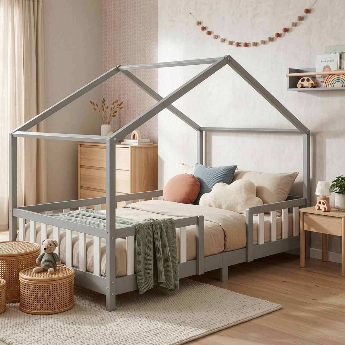 HAUSBETT Treviolo - Hellgrau/Weiß, Holz (120/200cm) - [en.casa]