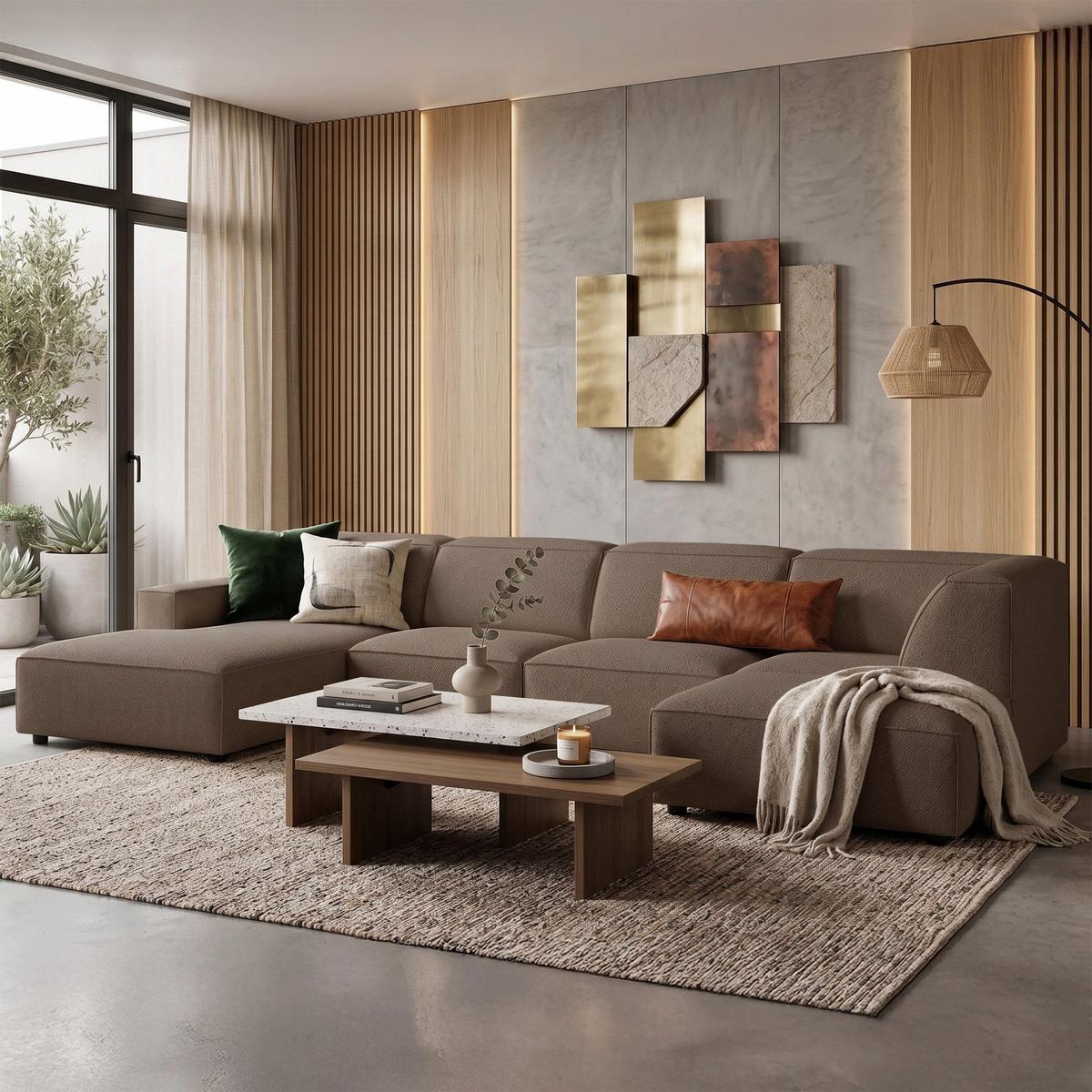 WOHNLANDSCHAFT Sellmo 366 cm - Hellbraun/Schwarz, Kunststoff/Textil (370/70/184cm) - Selsey