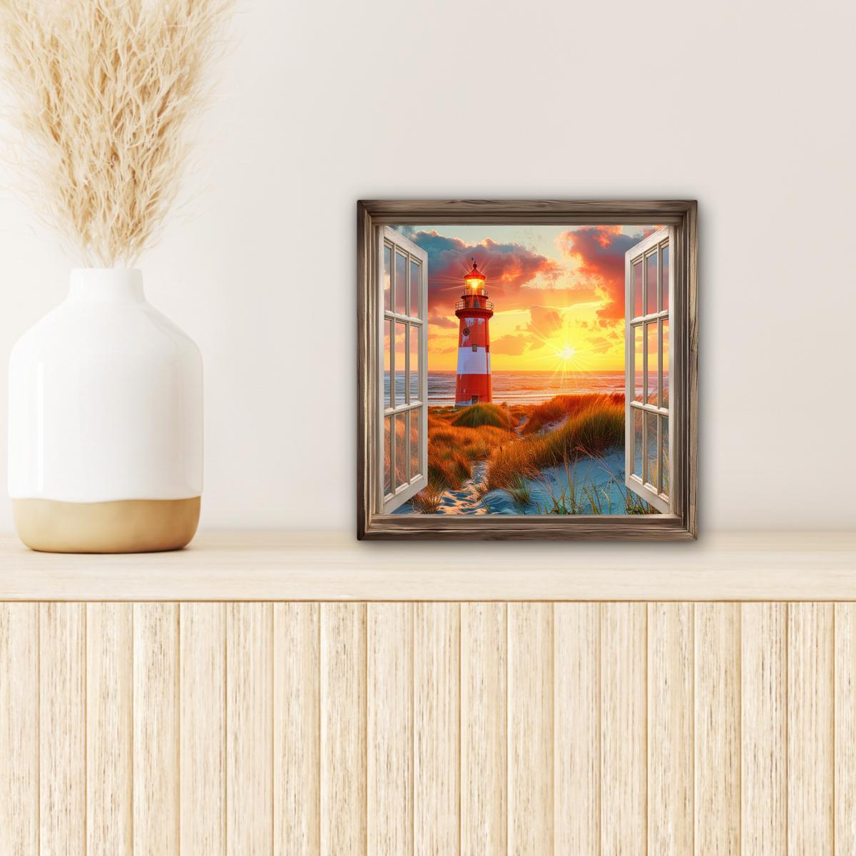 LEINWANDBILD Aussicht - Fenster - Leuchtturm - Sonnenuntergang - Strand Deko Wohnzimmer 20x20 cm - Dunkelorange, Textil (20/20cm) - MuchoWow