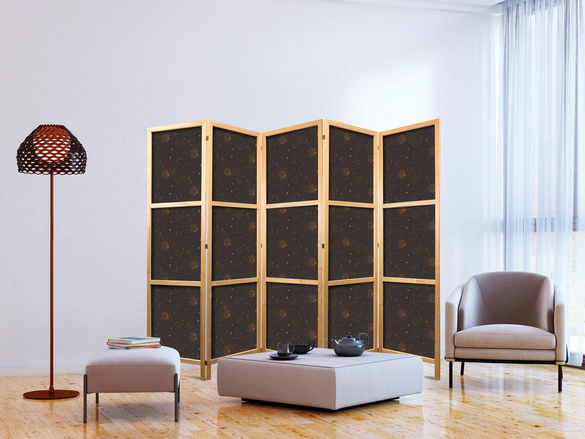 PARAVENT Japanischer 5-tlg 225x172 cm Sonnen Und Sterne - Braun, Holz/Textil (225/172/3cm) - Muralo