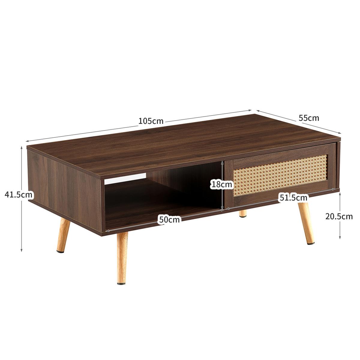 COUCHTISCH rattanoptik walnuss schiebetür stauraum - Braun, Holzwerkstoff (55/105/40cm) - Urban Meuble