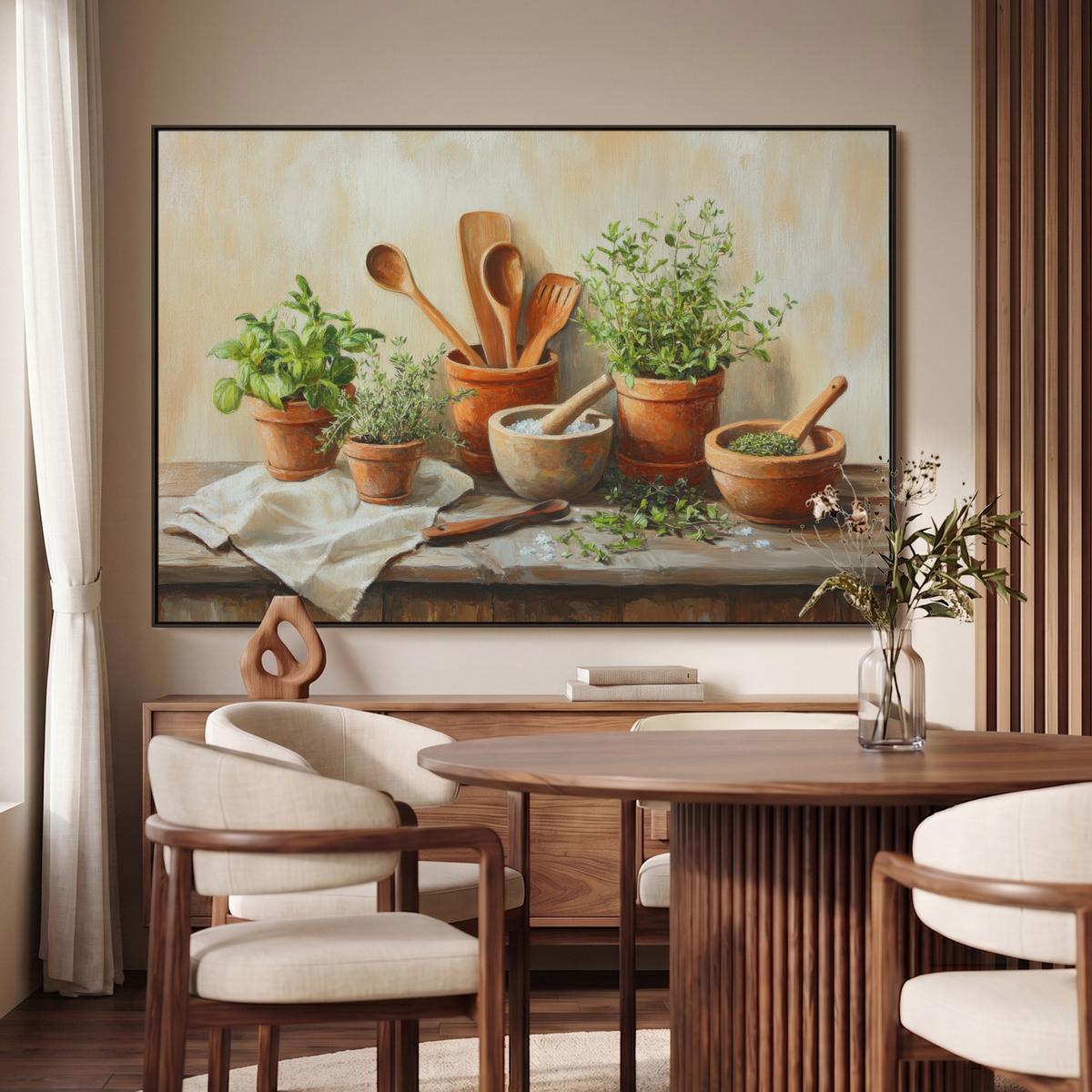 LEINWAND Bilder mit Rahmen - Töpfe - Kräuter - Holz - 140x90 - Terracotta, Textil (140/90cm) - MuchoWow