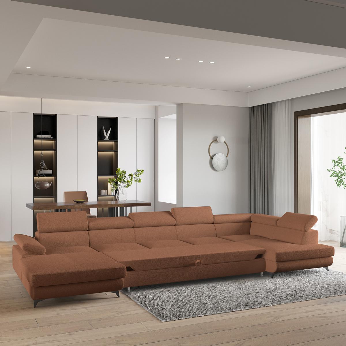 WOHNLANDSCHAFT MONTIVA Kupferfarben Boucle-Stoff mit Schlaffunktion - Kupferfarben, Holz (410/89/190cm) - MASSENO