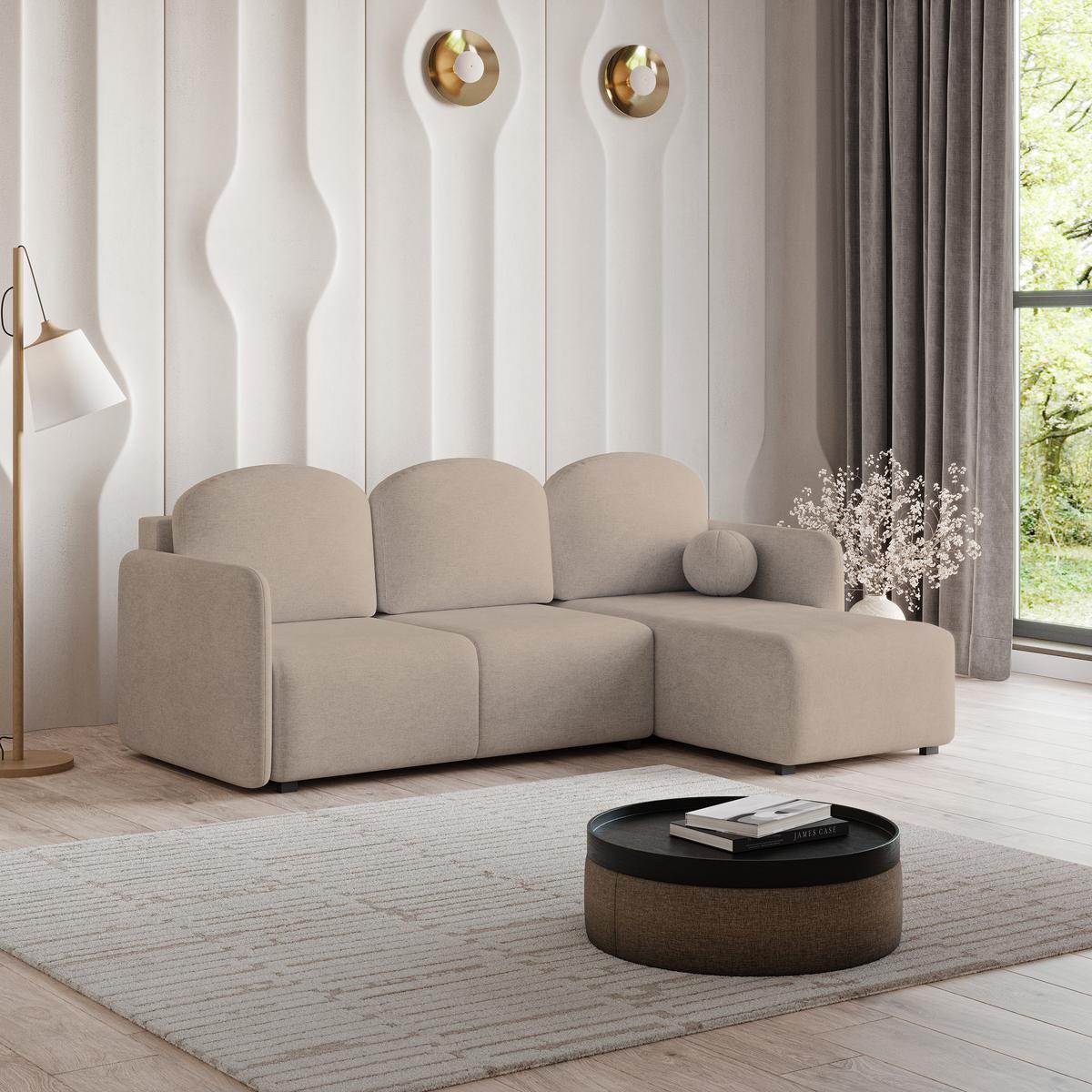 ECKSOFA SUVINO Beige Geflochtener Stoff mit Schlaffunktion - Beige, Holz (230/143cm) - MASSENO