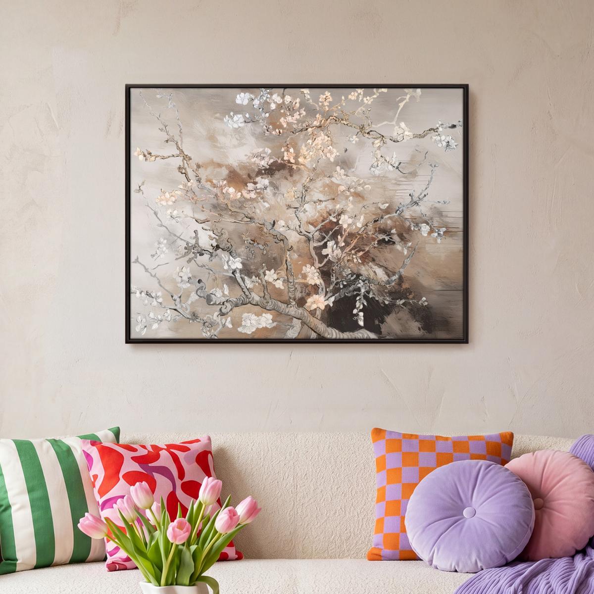 LEINWAND Bilder mit Rahmen - Mandelblüte - Kunst - Van Gogh - Beige - Abstrakt - 80x60 - Braun, Textil (80/60cm) - MuchoWow