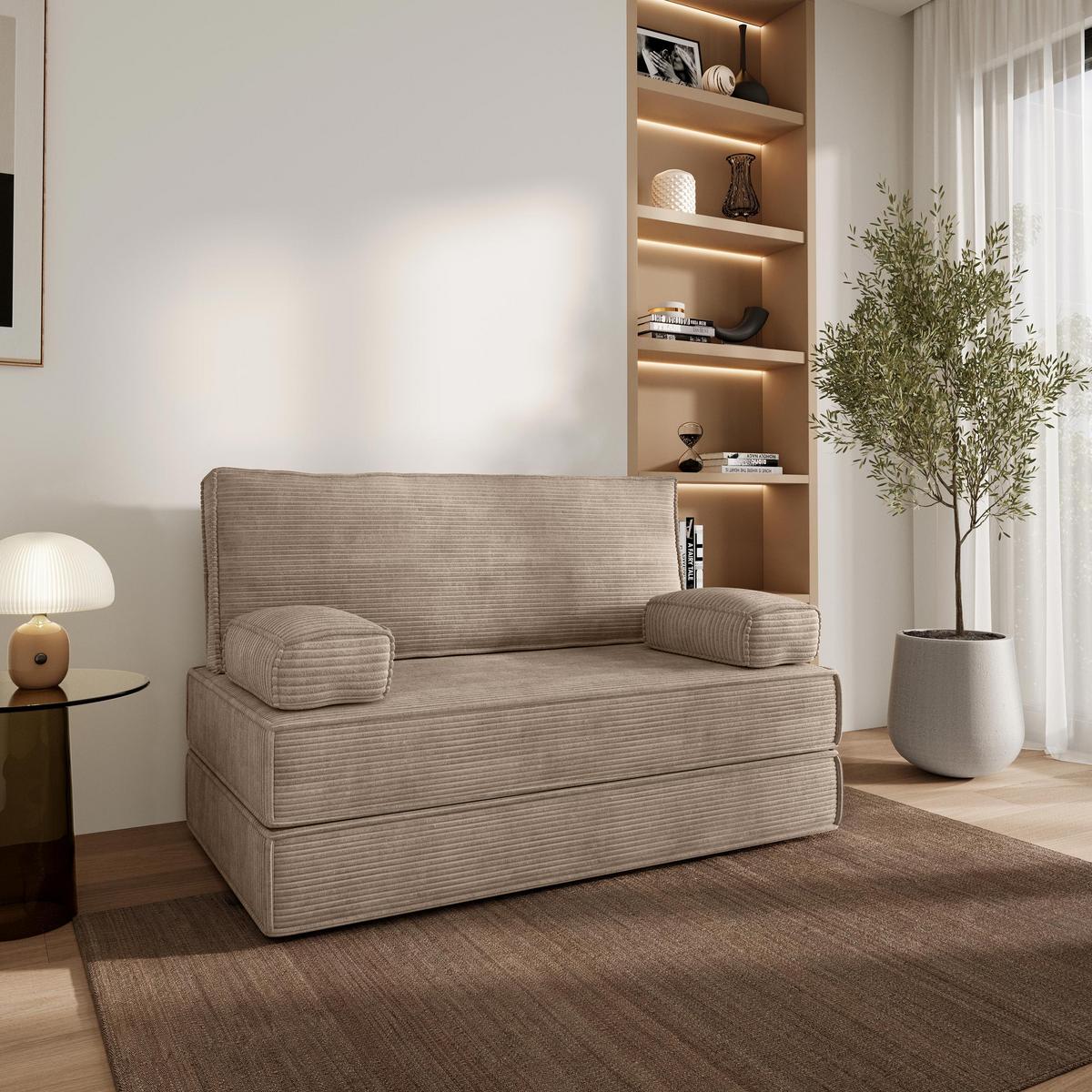 BETTSOFA LADIA aus Schaumstoff Cordstoff Beige Schlaffunktion - Beige, Textil (140/86/60cm) - MASSENO