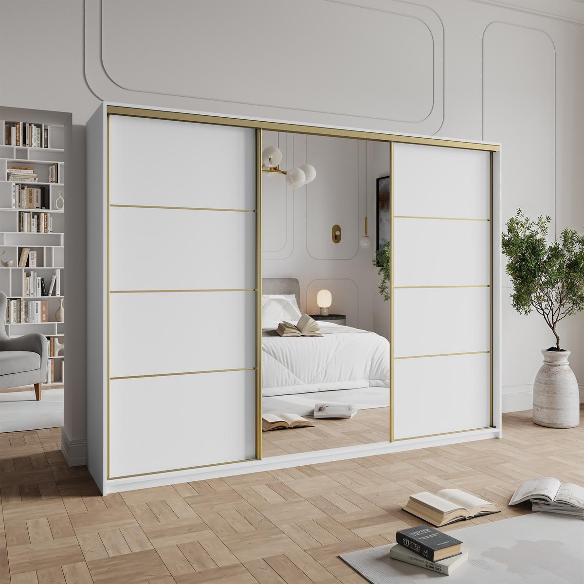 SCHWEBETÜRENSCHRANK VARO 270/205/60 cm 3-türig mit Spiegel Weiß - Weiß, Holzwerkstoff (270/205/60cm) - MASSENO