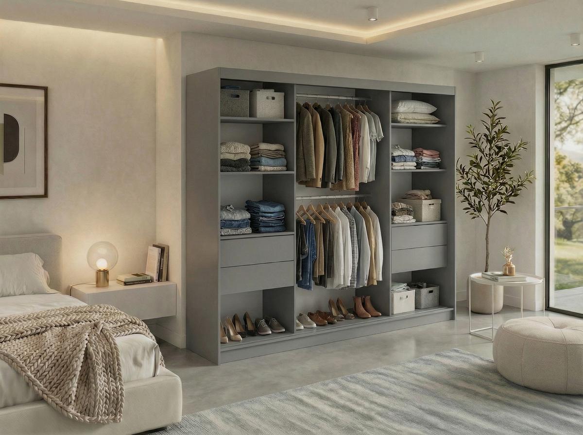 SCHWEBETÜRENSCHRANK mit Lamellen und Schubladen NAURU - 240 - Grau und Weiß - Alufarben/Weiß, Holzwerkstoff/Metall (240/216/61cm) - MKS