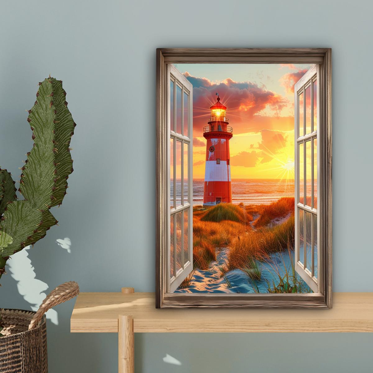 LEINWANDBILD Aussicht - Fenster - Leuchtturm - Sonnenuntergang - Strand Deko Wohnzimmer 20x30 cm - Dunkelorange, Textil (20/30cm) - MuchoWow