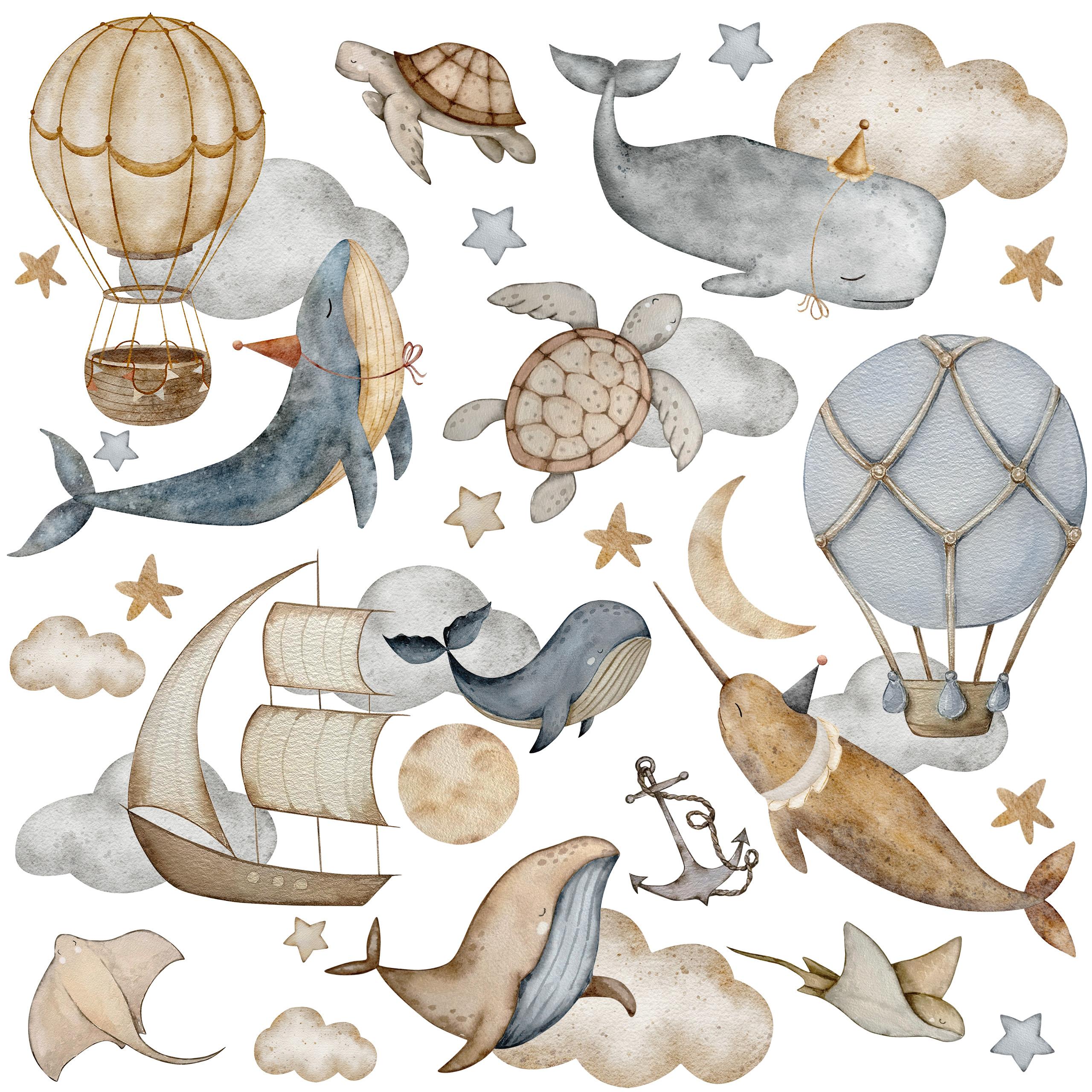WANDSTICKER SET Wale Schildkröten Wolken Luftballons Sterne 60x30 - Beige/Braun, Papier (60/30/1cm) - Muralo
