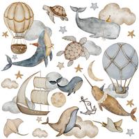WANDSTICKER SET Wale Schildkröten Wolken Luftballons Sterne 60x30 - Beige/Braun, Papier (60/30/1cm) - Muralo