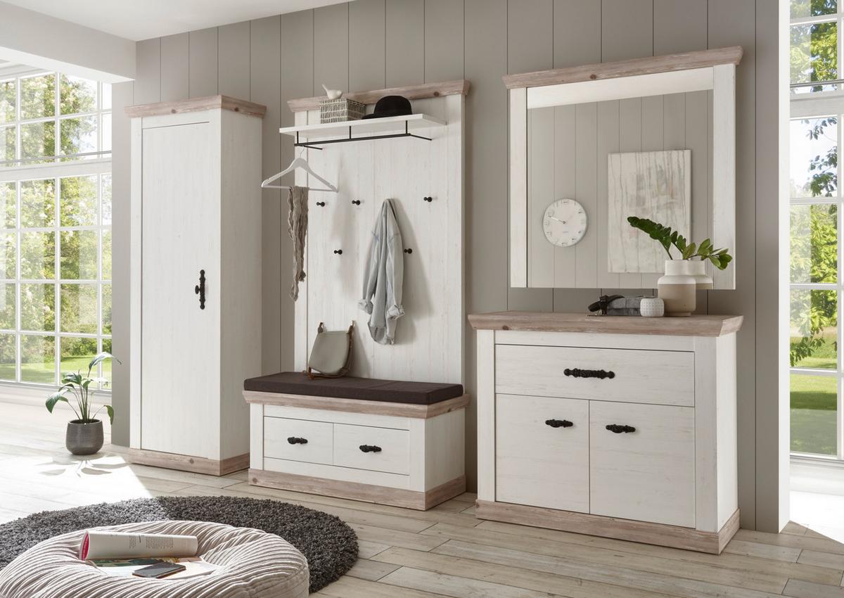 GARDEROBENKOMBINATION Pinie weiß, Oslo Pinie Landhaus, Garderobe Set 5-tlg., 307 x 201 cm - Weiß/Pinienfarben, Holzwerkstoff/Metall (307/201/45cm) - Furn.Design