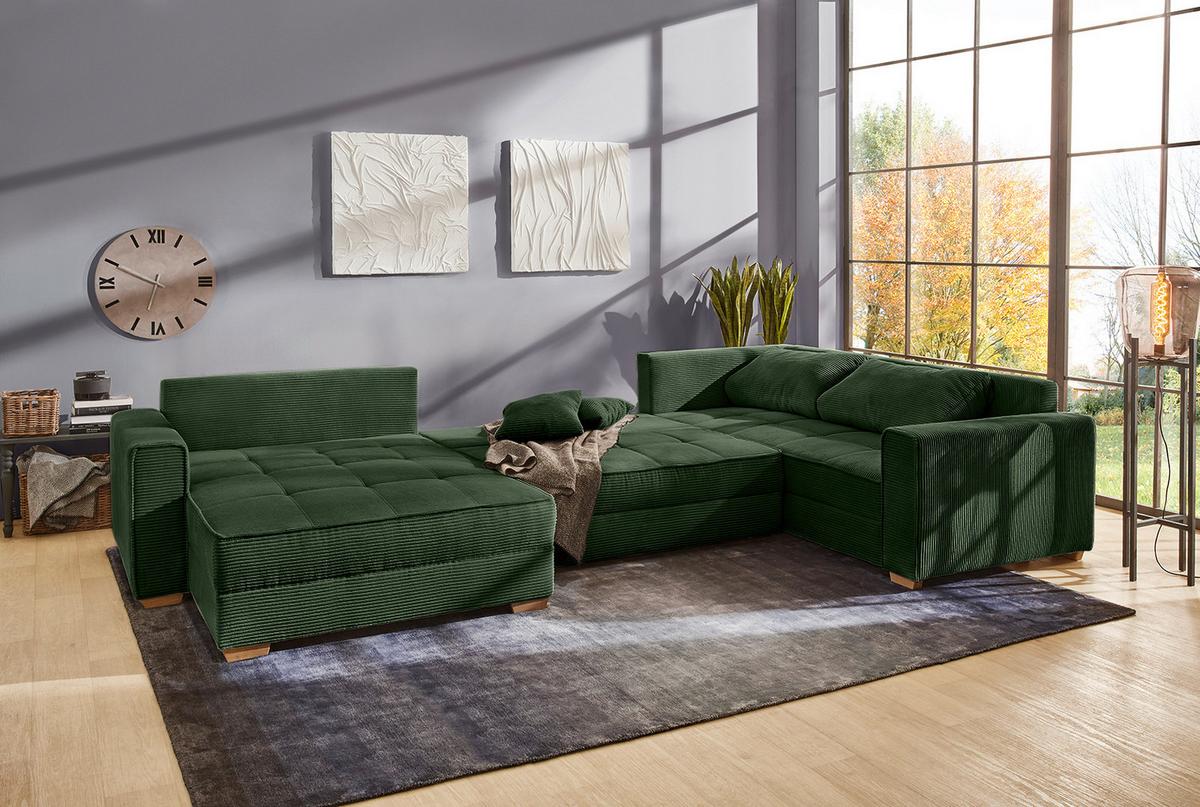 WOHNLANDSCHAFT Schlaffunktion Bettkasten Wellenunterfederung, spiegelverkehrt montierbar U-Form B379/T227/H86 cm, Cord Grün / 15199 - Eichefarben/Grün, Holz/Textil (379/86/227cm) - luma-home