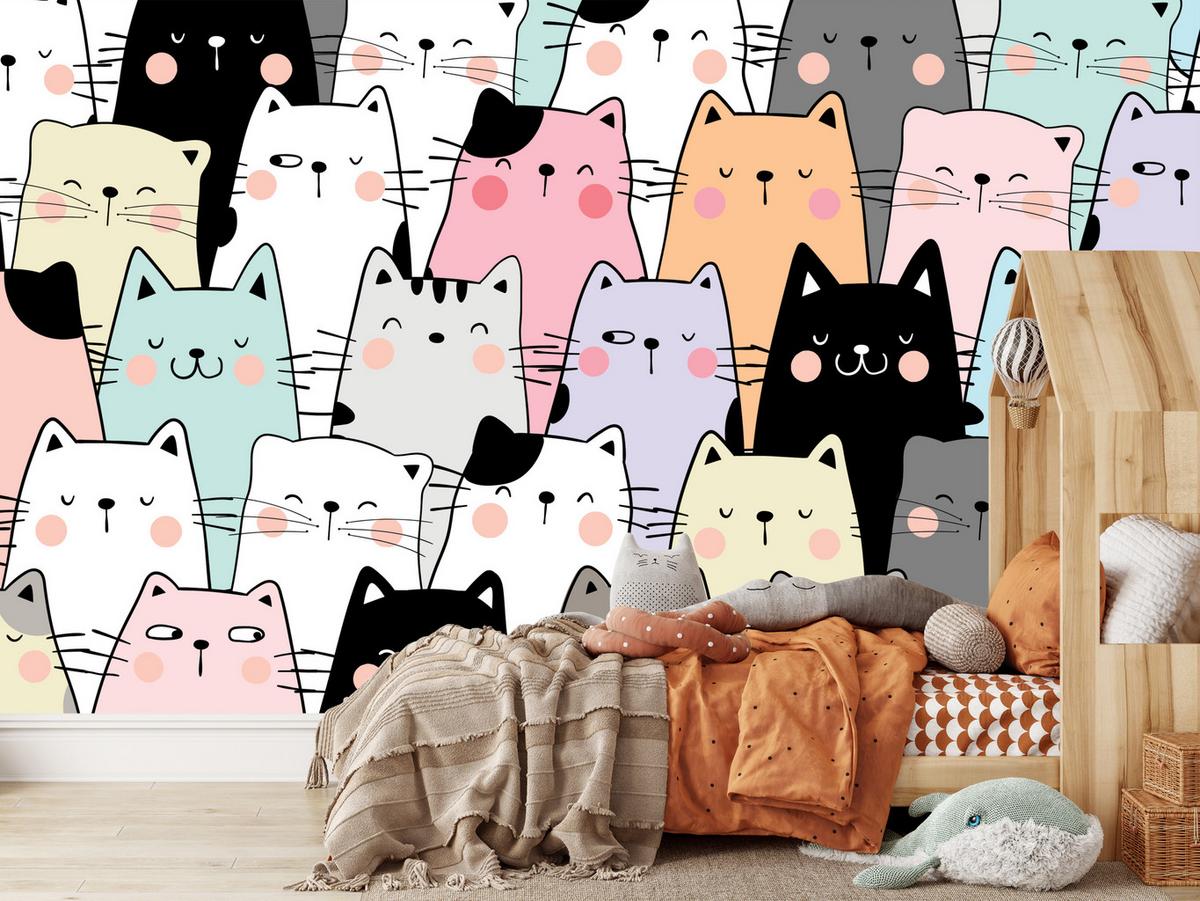 FOTOTAPETE für Kinderzimmer Bunte Katzen Cartoon Abstraktion 300x210 - Blau/Gelb, Papier (300/210cm) - Muralo
