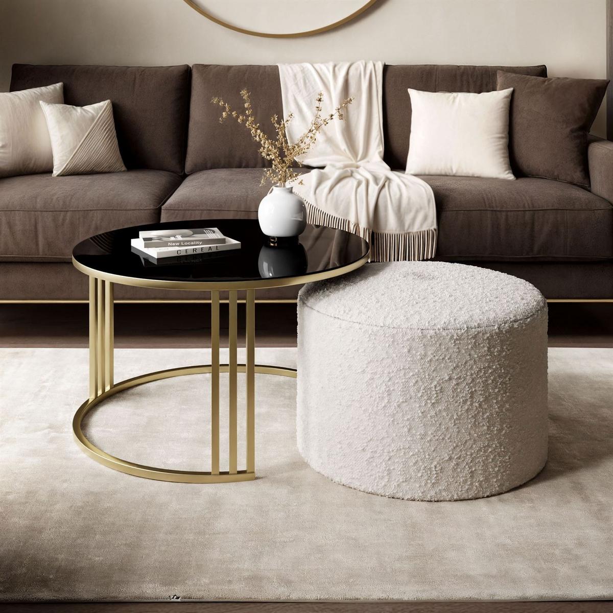 COUCHTISCH mit Hocker LORI GLASS gebürstetes Gold/schwarzes Glas/Coral 50 - Schwarz, Metall (70/70/49cm) - Lookway