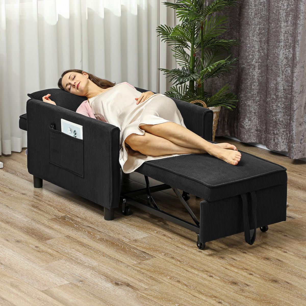 3-IN-1 Schlafsessel, Klappbett mit Bettfunktion, Lendenkissen für Wohnzimmer - Schwarz, Kunststoff (74/81/84cm) - HOMCOM