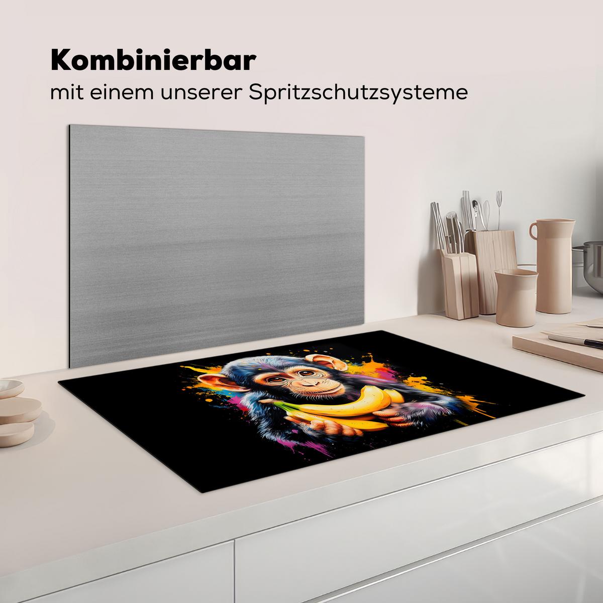 HERDABDECKPLATTE Affe - Graffiti - Farbenfroh - Bananen - Modern Ceranfeldabdeckung 85x52 cm - Gelb, Kunststoff (85/52/0.2cm) - MuchoWow
