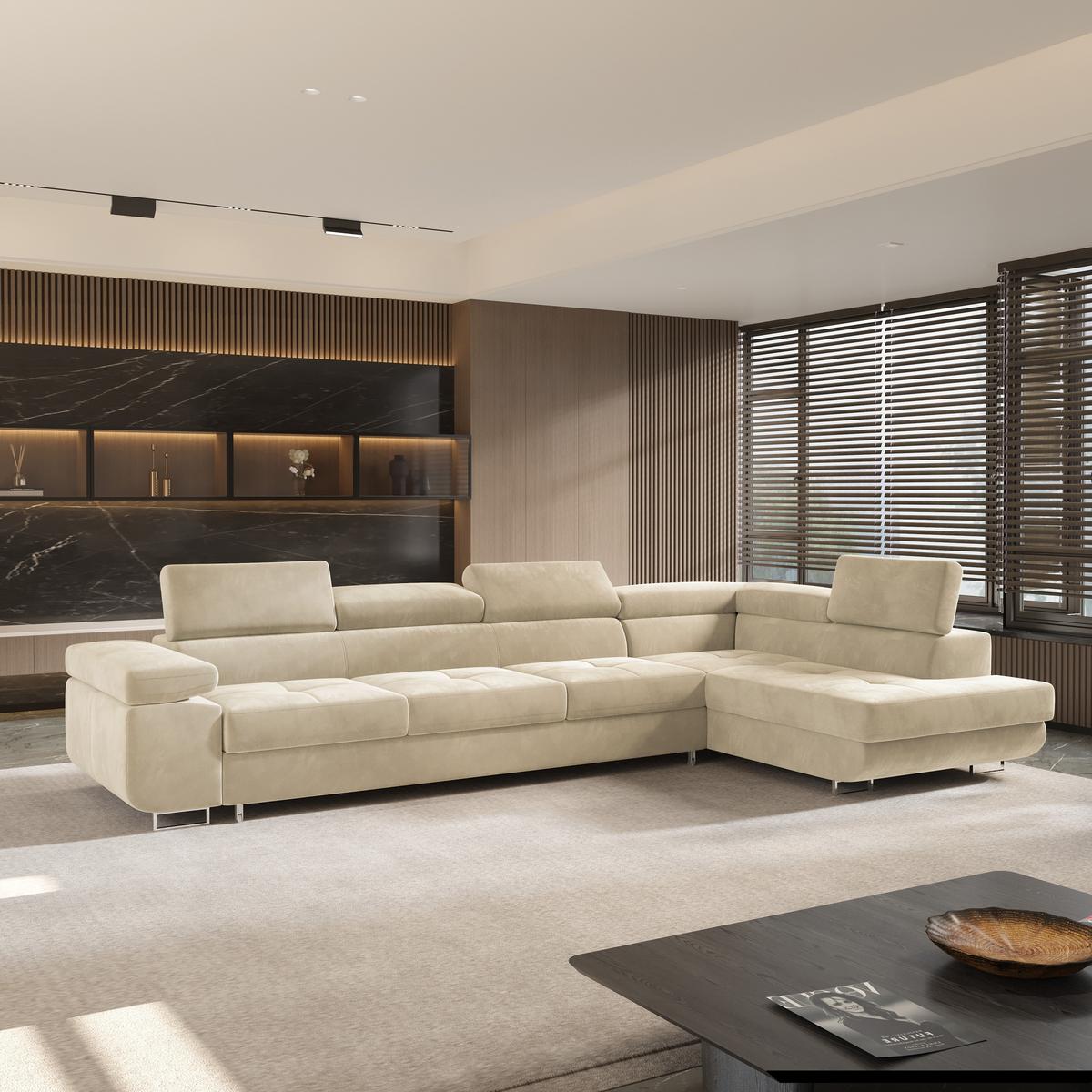 ECKSOFA VICENTE Creme Velours-Stoff mit Schlaffunktion - Creme, Holz (346/202cm) - MASSENO