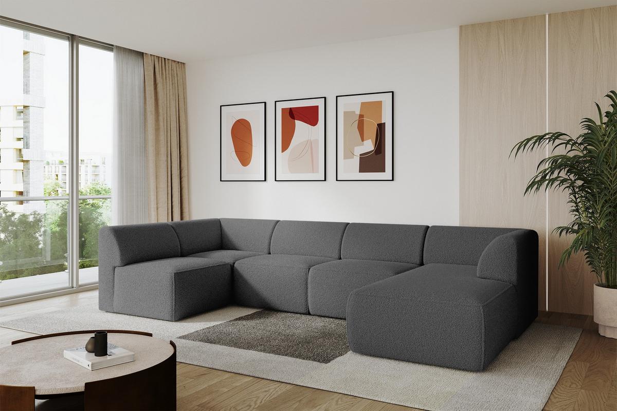 WOHNLANDSCHAFT Ottomane Rechts MOVO-L 345x180x78 cm Grau Bouclé - Chromfarben, Holzwerkstoff/Kunststoff (180/78/345cm) - ALTDECOR