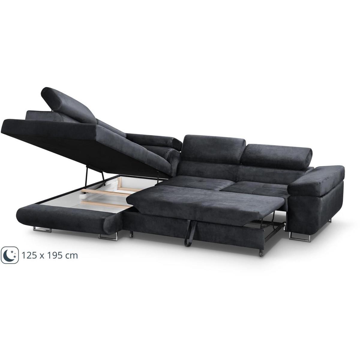 ECKSCHLAFSOFA Vild verstellbaren Kopfstützen, Schwarz, links - Chromfarben/Schwarz, Textil (275/203cm) - Beautysofa