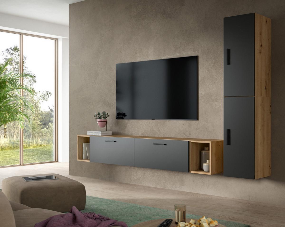 WOHNWAND grau, Eiche Artisan 249 x 184 cm, Wohnkombination hängend / stehend - Schwarz/Eiche Artisan, Holzwerkstoff/Kunststoff (249/184/34cm) - Inn.Furn