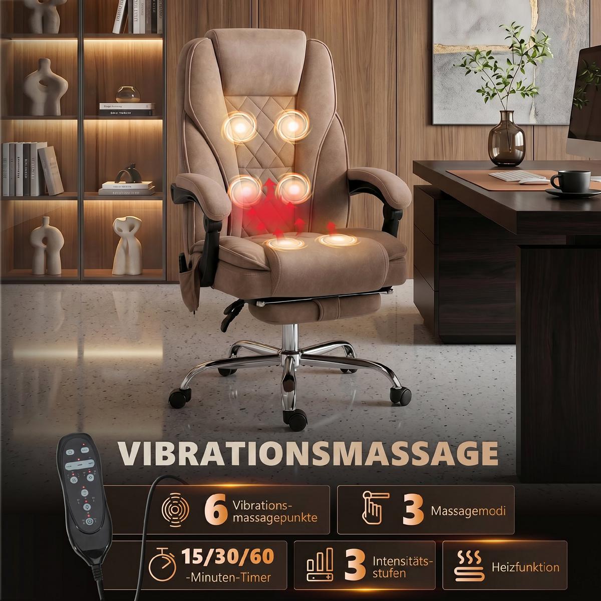BÜROSTUHL-MIT-MASSAGEFUNKTION Samt-Polyester Braun - Silberfarben/Braun, Textil/Metall (67/119/72cm) - Vinsetto