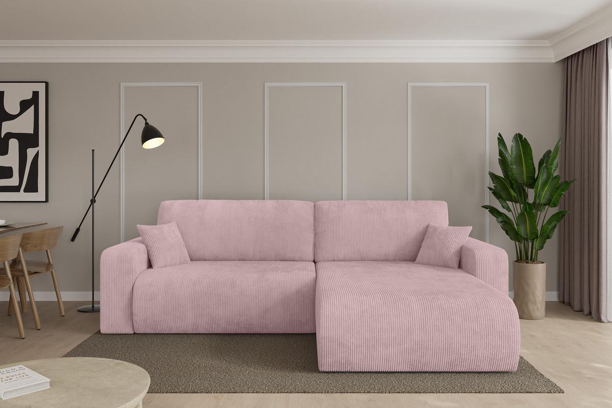 ECKSOFA mit Schlaffunktion Ottomane Rechts BERY-L 276x193x88 Rosa Cord - Schwarz/Rosa, Holzwerkstoff/Kunststoff (276/193cm) - ALTDECOR