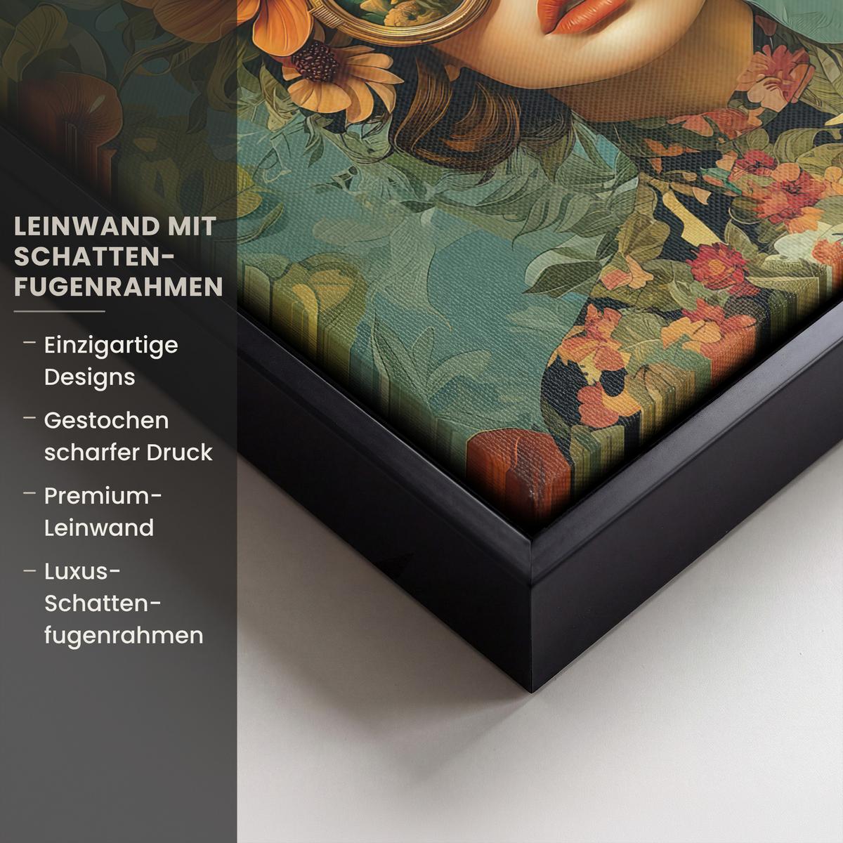 LEINWAND Bilder mit Rahmen - Frau - Blumen - Schmetterlinge - Natur - Vintage - 20x20 - Salbeigrün, Textil (20/20cm) - MuchoWow
