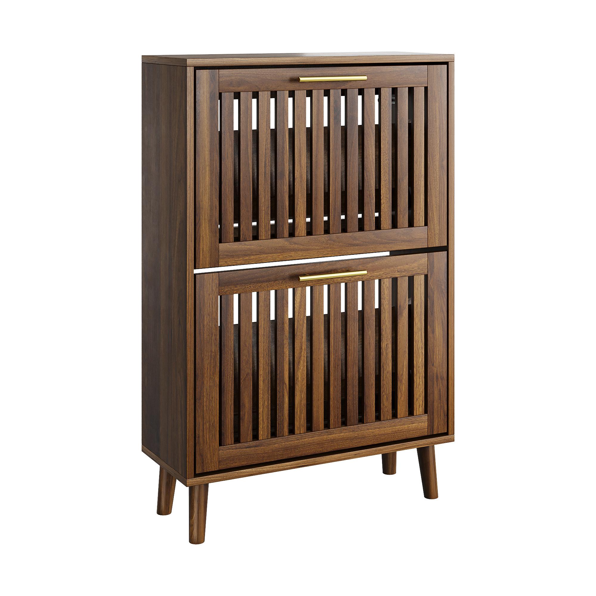 SCHUHSCHRANK 60 cm Walnussoptik mit 2 Klappfächern, offenem Regal und Metallgriff für Flur - Walnussfarben, Holzwerkstoff (60/93/24cm) - Urban Meuble
