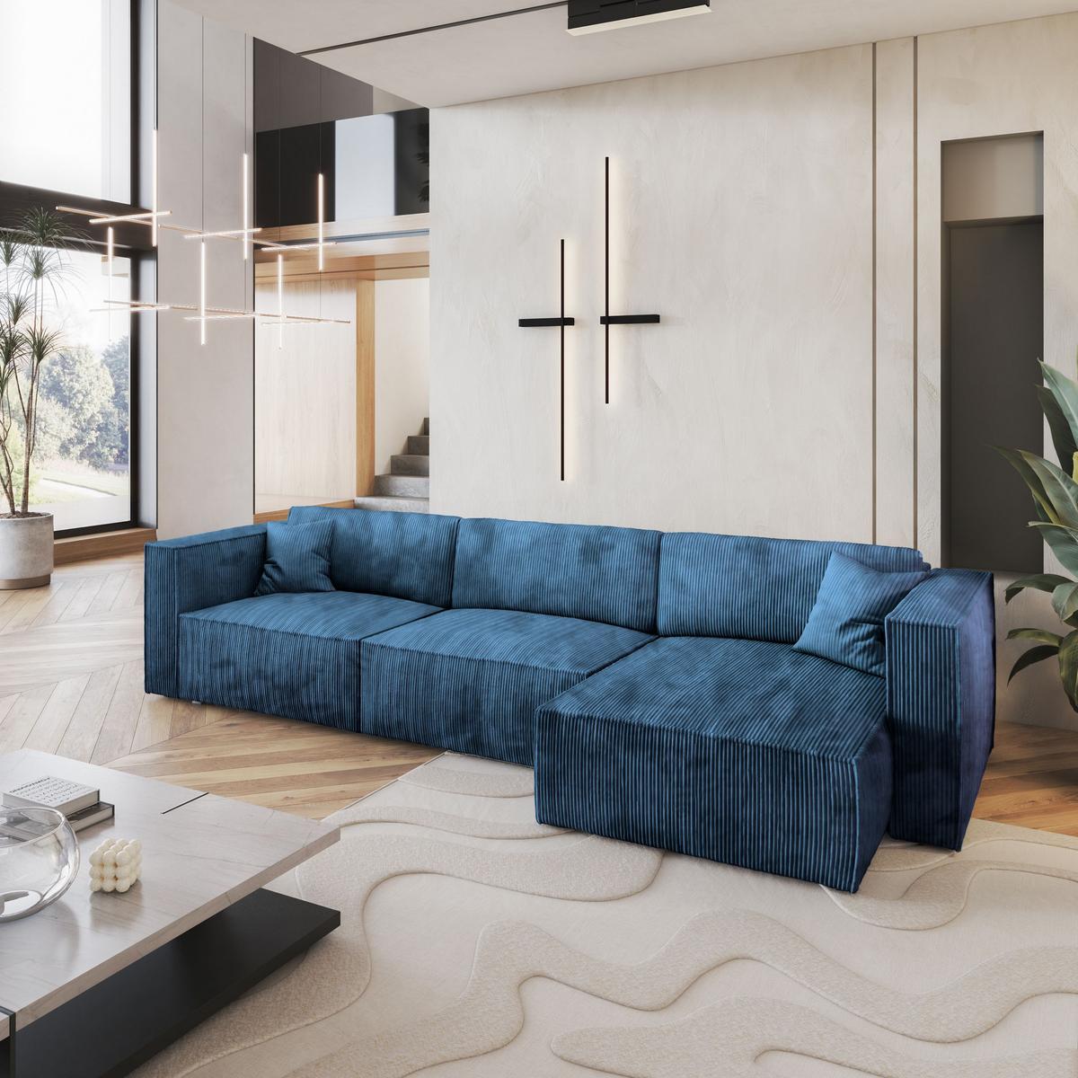 ECKSOFA TOLMO P Blau Kordstoff mit Schlaffunktion - Blau/Grau, Holz/Kunststoff (347/148cm) - MASSENO