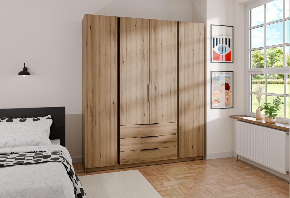 KLEIDERSCHRANK Nehir Eiche Evoke 200 cm - 4T3S Modern mit Schubladen - Eichefarben, Holzwerkstoff/Kunststoff (200/239/61.9cm) - AX Living