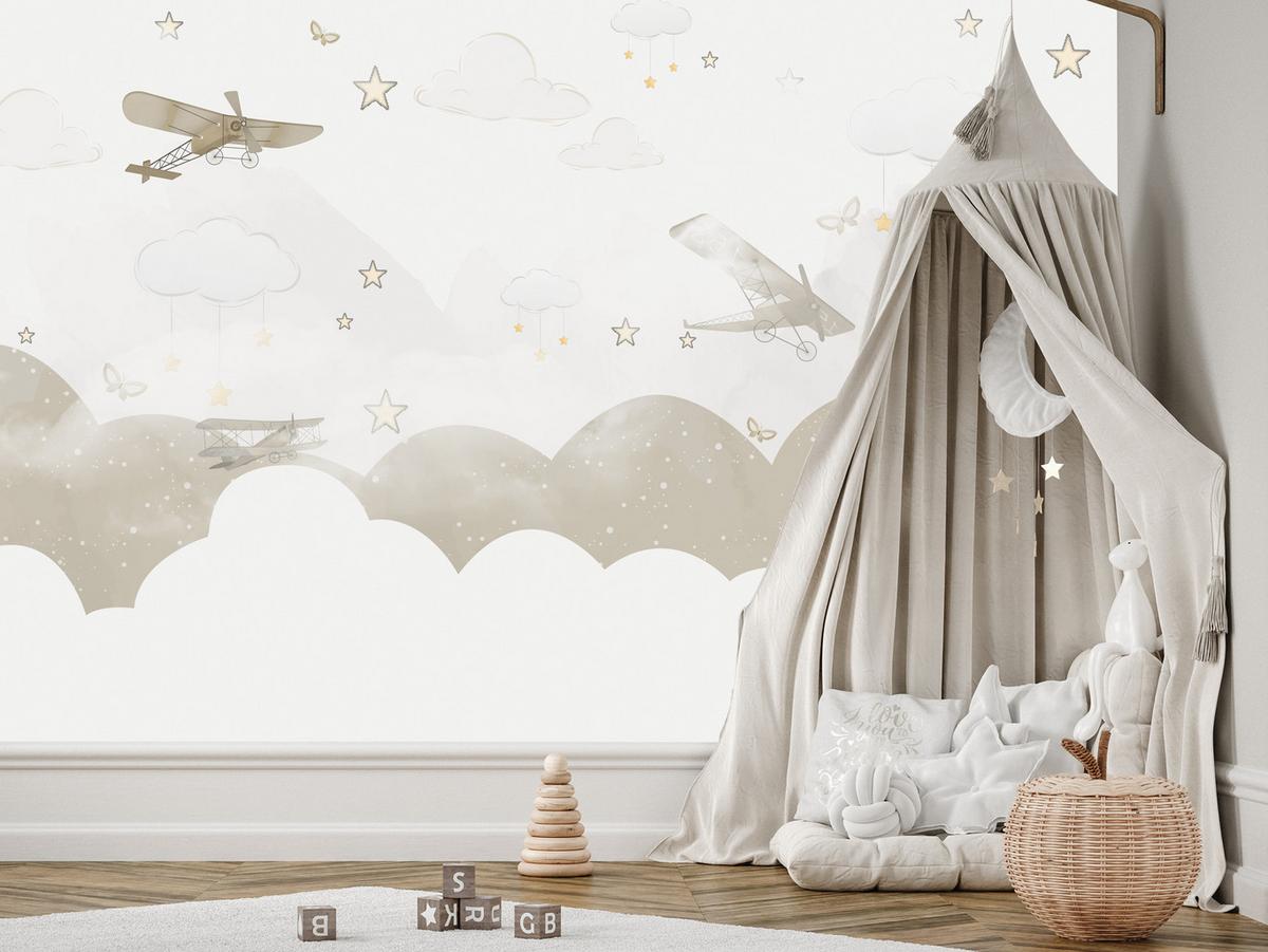 FOTOTAPETE für Kinderzimmer Flugzeuge Wolken Sterne Himmel 150x105 - Gelb/Beige, Papier (150/105cm) - Muralo