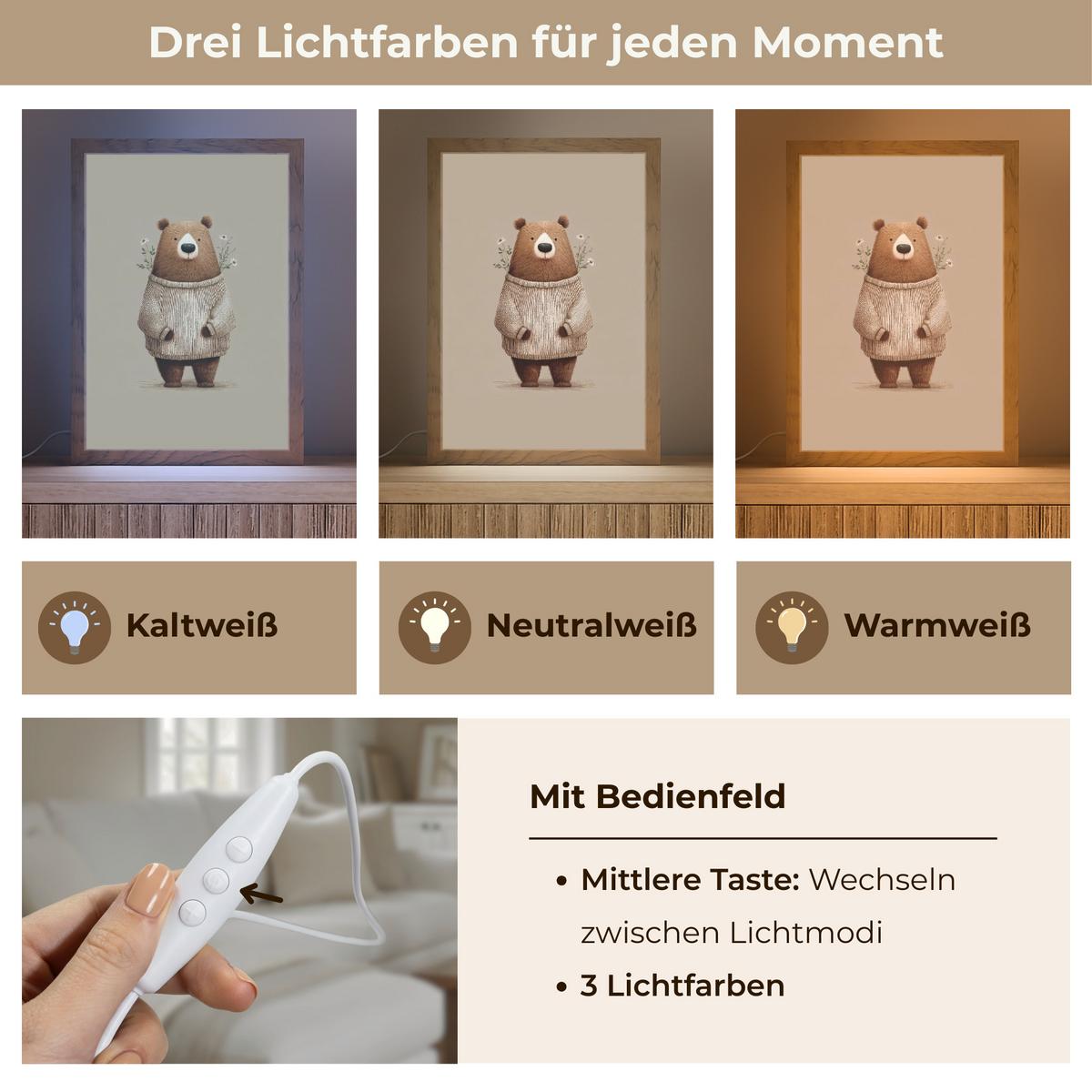 WANDLEUCHTE Bär - Weiße Blumen - Gemütlich 20x30 cm - Taupe, Holzwerkstoff (20/30/8cm) - OnlyWow